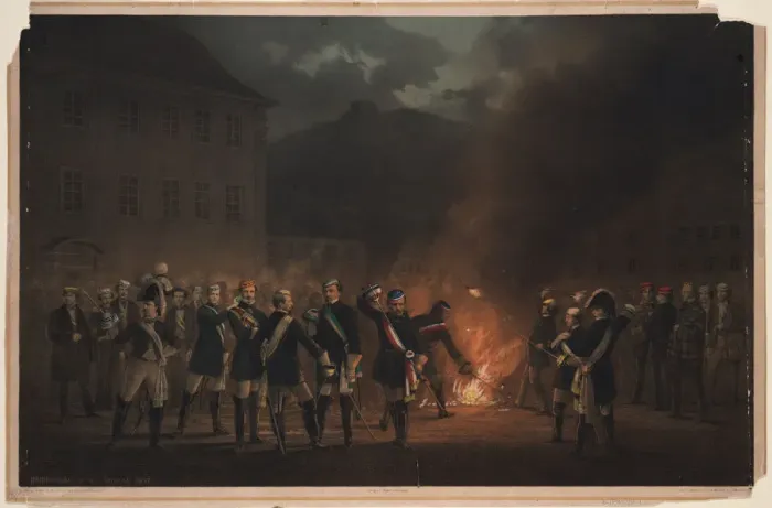 Framed Print : Torchlight procession at Heidelberg on 30 January 1857, 1857. Artist: Verhas, Theodor Framed Print : Torchlight procession at Heidelberg on 30 January 1857, 1857. Artist: Verhas, Theodor