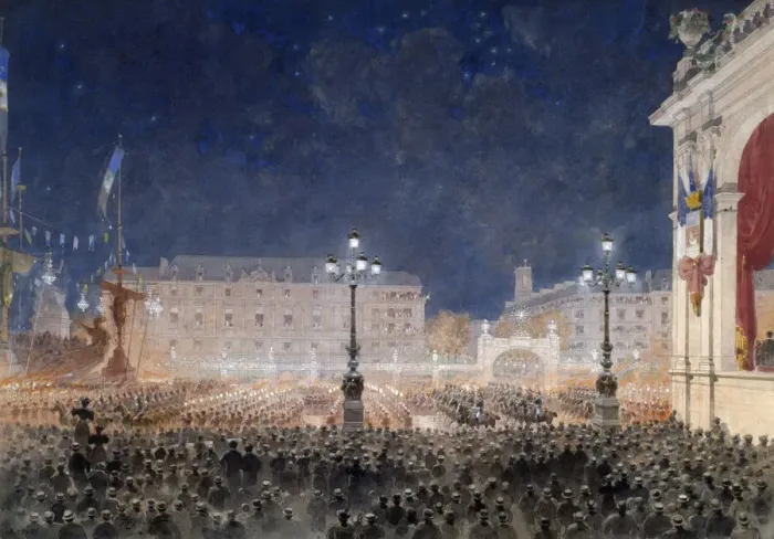 Framed Print : Torchlight retreat on Place de l Hotel de Ville. Franco-Russian celebrations Framed Print : Torchlight retreat on Place de l Hotel de Ville. Franco-Russian celebrations