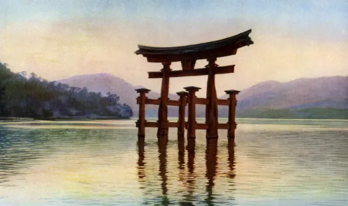Framed Print : Torii of Itsukushima temple in Miyajima Island, Japan, c1930s. Artist: John Bushby Framed Print : Torii of Itsukushima temple in Miyajima Island, Japan, c1930s. Artist: John Bushby
