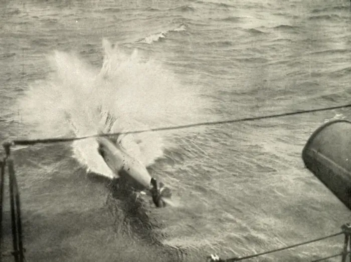 Framed Print : Torpedo Entering the Water, (1919). Creator: Unknown Framed Print : Torpedo Entering the Water, (1919). Creator: Unknown