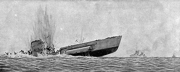 A torpedoing immediately avenged; The 'Chateaurenault' hit by a torpedo'.. 1917. Creator: Unknown. A torpedoing immediately avenged; The 'Chateaurenault' hit by a torpedo'.. 1917. Creator: Unknown