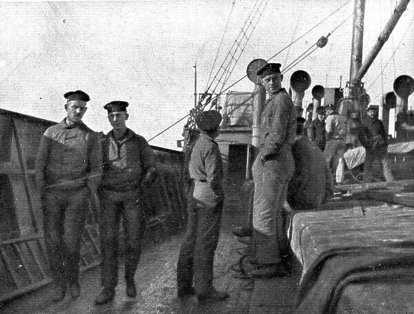 A torpedoing immediately avenged; Prisoners of the UC-38 aboard transport... 1917. Creator: Unknown