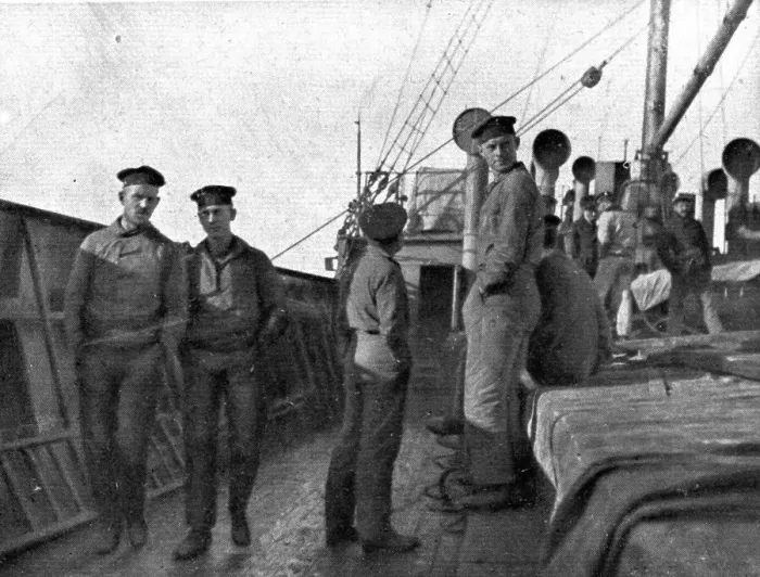 Framed Print : A torpedoing immediately avenged; Prisoners of the UC-38 aboard transport... 1917. Creator: Unknown Framed Print : A torpedoing immediately avenged; Prisoners of the UC-38 aboard transport... 1917. Creator: Unknown
