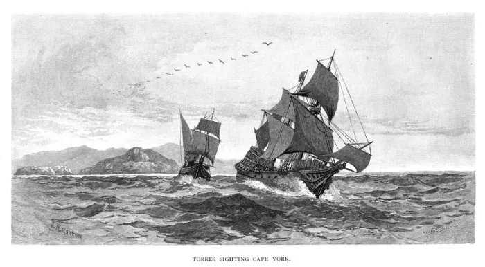 Framed Print : Torres sighting Cape York, 1606, (1886). Artist: Julian Ashton Framed Print : Torres sighting Cape York, 1606, (1886). Artist: Julian Ashton