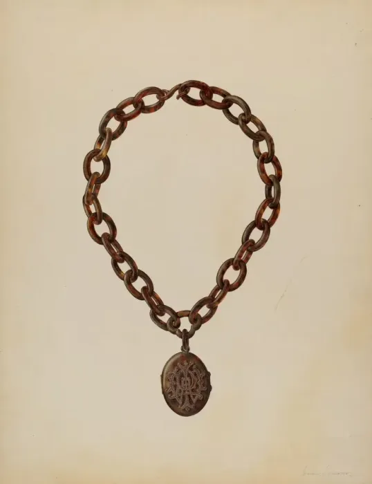 Framed Print : Tortoise Shell Necklace & Locket, c. 1940. Creator: James M. Lawson Framed Print : Tortoise Shell Necklace & Locket, c. 1940. Creator: James M. Lawson