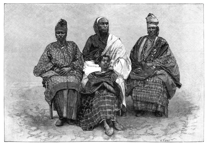 Framed Print : Toucouleur Types, The Interpreter Alpha Sega and His Sisters, late 19th century. Artist: Henri Thiriat Framed Print : Toucouleur Types, The Interpreter Alpha Sega and His Sisters, late 19th century. Artist: Henri Thiriat