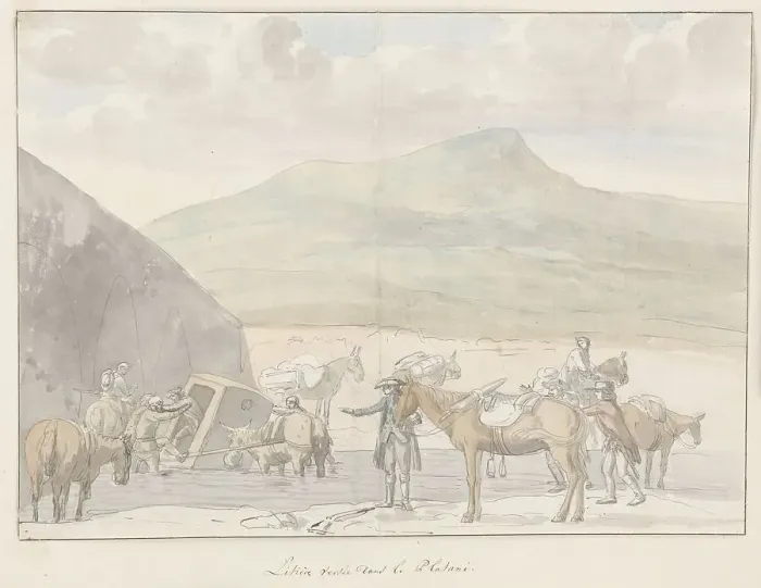 Framed Print : Tour company sedan chair overturns near river Platini, 1778. Creator: Louis Ducros Framed Print : Tour company sedan chair overturns near river Platini, 1778. Creator: Louis Ducros