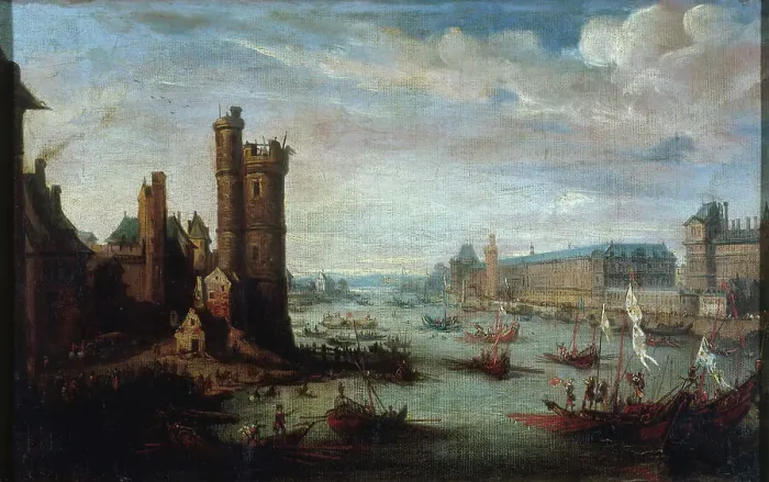 Framed Print : The Tour de Nesle, Grande Galerie and the Louvre, seen from Pont-Neuf, around 1630. Creator: Unknown Framed Print : The Tour de Nesle, Grande Galerie and the Louvre, seen from Pont-Neuf, around 1630. Creator: Unknown