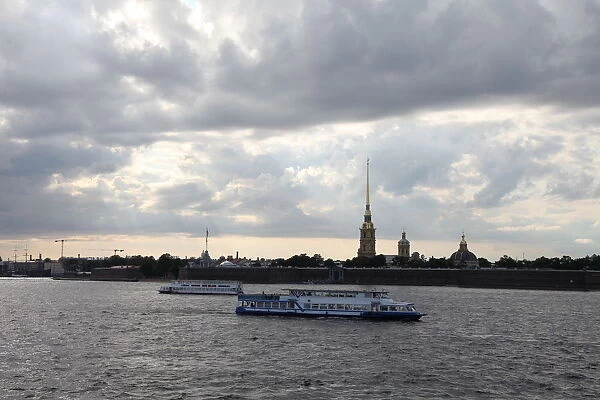 Tourist boats on the Neva in front of the Peter and Paul Fortress, St Petersburg, Russia, 2011. Artist: Sheldon Marshall