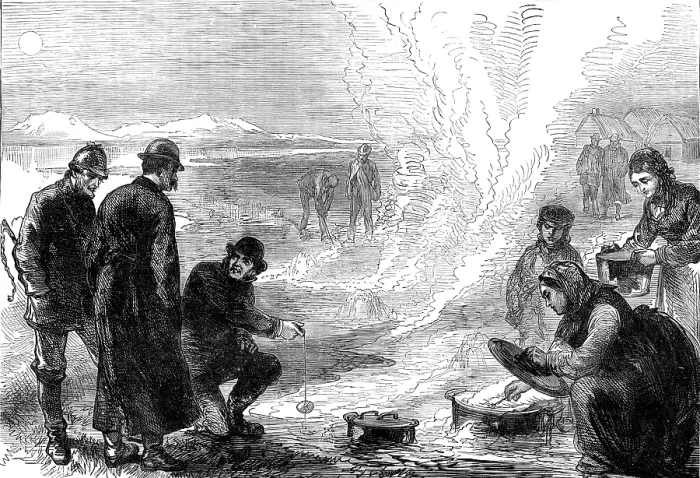 Framed Print : The Tourist in Iceland: on the road to the geysirs - boiling eggs in the hot springs, 1881. Creator: Unknown