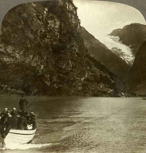 Tourists crossing Lake Loen - view across to a huge glacier, Norway, c1905. Creator: Unknown