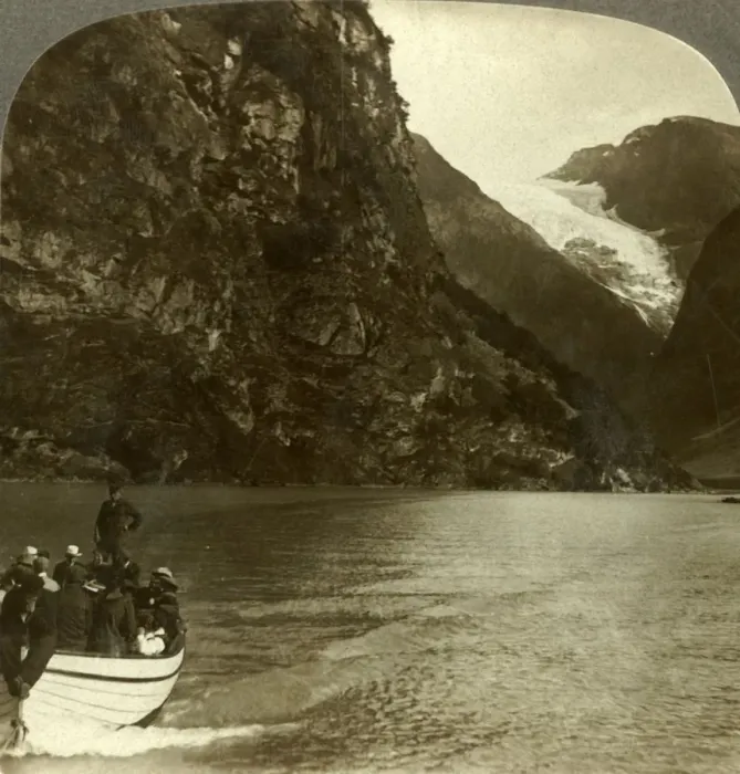 Framed Print : Tourists crossing Lake Loen - view across to a huge glacier, Norway, c1905. Creator: Unknown Framed Print : Tourists crossing Lake Loen - view across to a huge glacier, Norway, c1905. Creator: Unknown