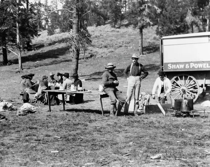 Framed Print : Tourists and guides picnicking in Yellowstone Park, 1903. Creator: Frances Benjamin Johnston Framed Print : Tourists and guides picnicking in Yellowstone Park, 1903. Creator: Frances Benjamin Johnston