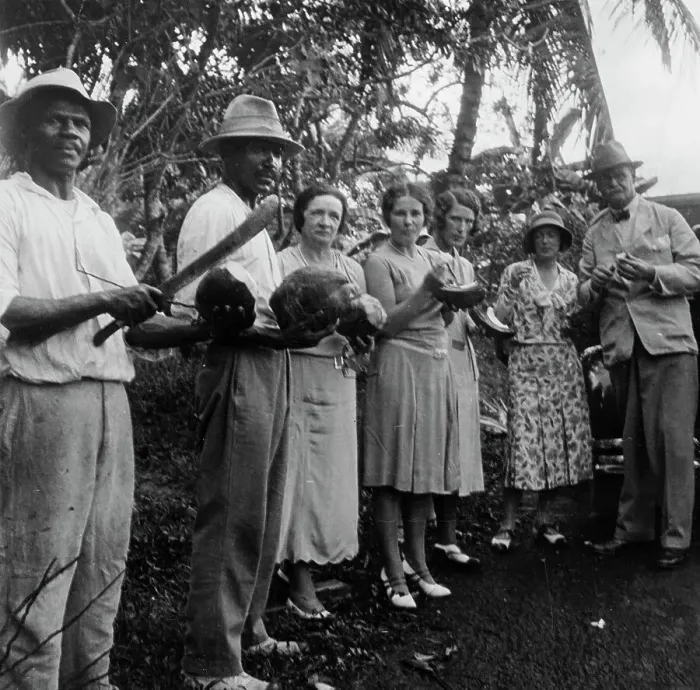 Framed Print : Tourists during a halt by the wayside, St Vincent, 1931 Framed Print : Tourists during a halt by the wayside, St Vincent, 1931