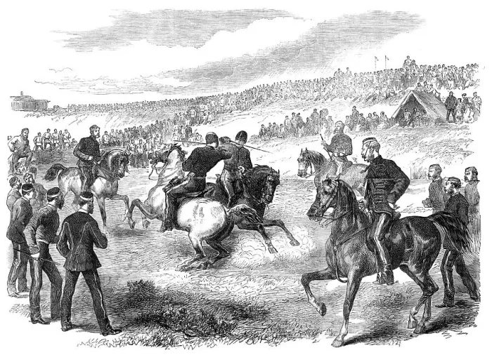 Framed Print : Tournament of the 17th Lancers in the camp at Shorncliffe, 1868. Creator: Unknown Framed Print : Tournament of the 17th Lancers in the camp at Shorncliffe, 1868. Creator: Unknown