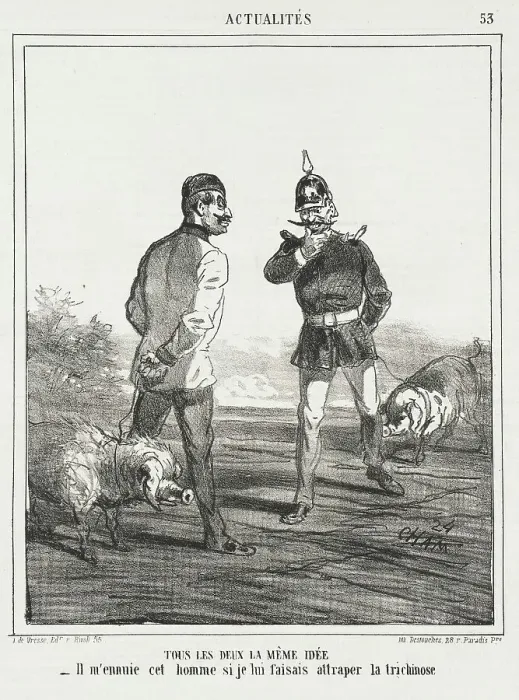 Framed Print : Tous les deux la même idée. -Il m'ennuie cet homme se je lui faisais attraper la trichinose?, 1866. Creator: Cham Framed Print : Tous les deux la même idée. -Il m'ennuie cet homme se je lui faisais attraper la trichinose?, 1866. Creator: Cham