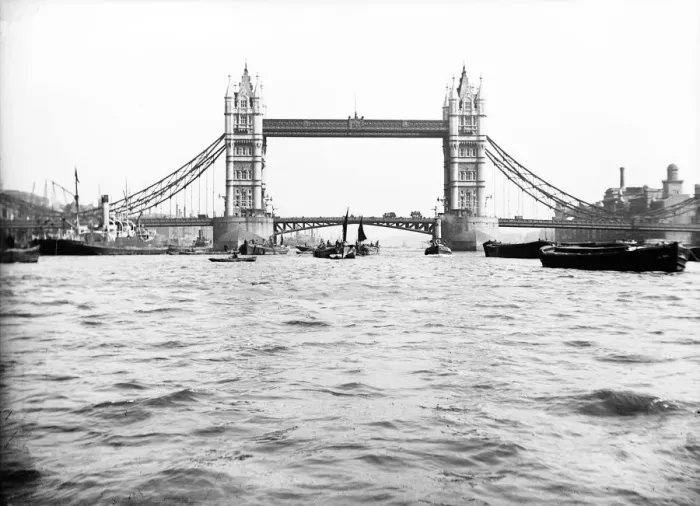 Framed Print : Tower Bridge with bascules closed and barges passing under at high water, London, c1905 Framed Print : Tower Bridge with bascules closed and barges passing under at high water, London, c1905