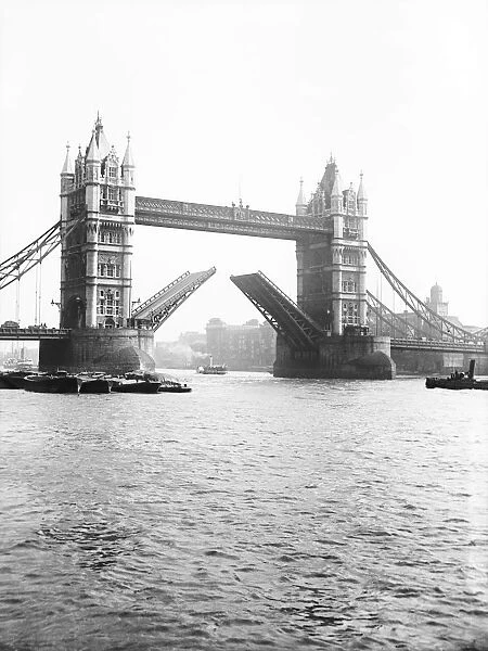 Tower Bridge with bascules open, London, c1905