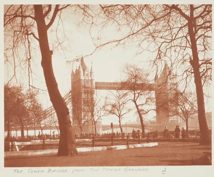 Framed Print : The Tower Bridge from the Tower grounds. From the album: Photograph album - London, 1920s. Creator: Harry Moult Framed Print : The Tower Bridge from the Tower grounds. From the album: Photograph album - London, 1920s. Creator: Harry Moult