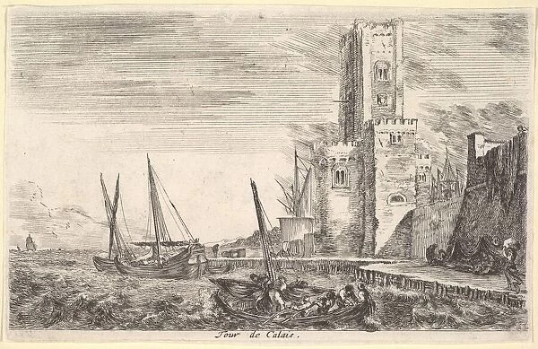 Tower of Calais (Tour de Calais), tower to right, two ships in the sea to left