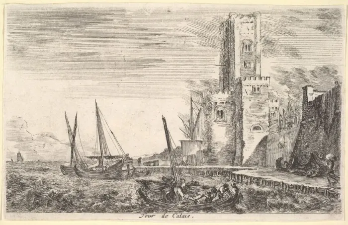 Framed Print : Tower of Calais (Tour de Calais), tower to right, two ships in the sea to left Framed Print : Tower of Calais (Tour de Calais), tower to right, two ships in the sea to left
