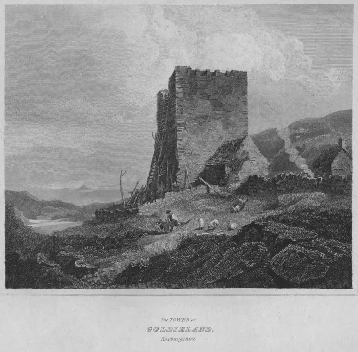 Framed Print : The Tower of Goldieland, Roxburghshire, 1814. Artist: John Greig Framed Print : The Tower of Goldieland, Roxburghshire, 1814. Artist: John Greig