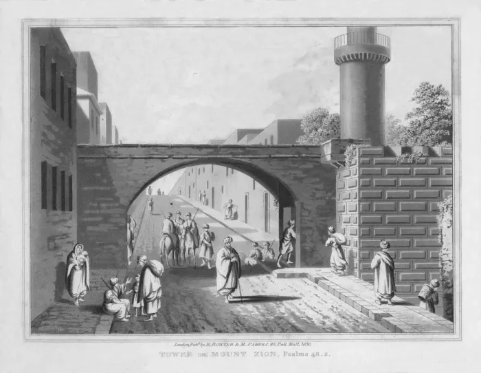 Framed Print : Tower on Mount Zion. Psalms 48. 2. 1830. Artist: J Clarke Framed Print : Tower on Mount Zion. Psalms 48. 2. 1830. Artist: J Clarke