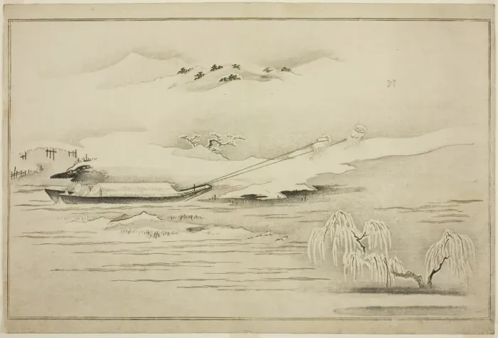Framed Print : Towing a Barge in the Snow, from the album The Silver World, Japan, 1790 Framed Print : Towing a Barge in the Snow, from the album The Silver World, Japan, 1790