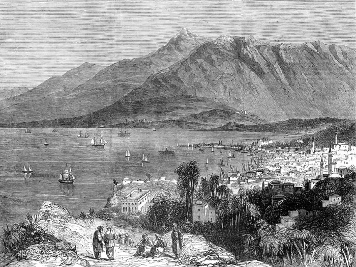 Framed Print : The town of Beyrout and Mount Lebanon - from a drawing by J. Lewis Farley, 1860. Creator: Unknown