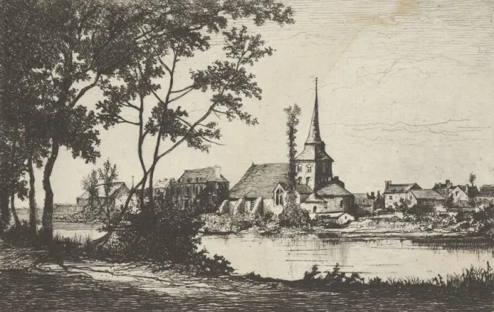Framed Print : Town with a church across a river, 19th century. Creator: Tancrede Abraham Framed Print : Town with a church across a river, 19th century. Creator: Tancrede Abraham
