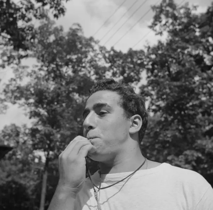Framed Print : The town crier, Danny Poocchiari. Camp Nathan Hale, Southfields, New York, 1943 Creator: Gordon Parks Framed Print : The town crier, Danny Poocchiari. Camp Nathan Hale, Southfields, New York, 1943 Creator: Gordon Parks