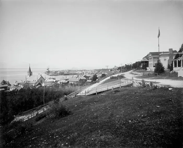 Framed Print : Town from the east end, Mackinac Island, The, between 1880 and 1899. Creator: Unknown Framed Print : Town from the east end, Mackinac Island, The, between 1880 and 1899. Creator: Unknown