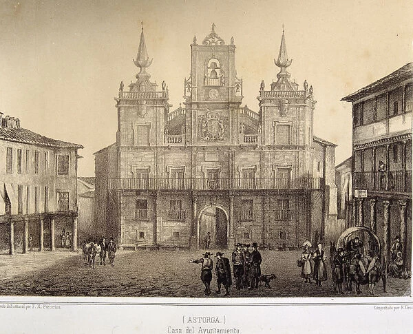 Town Hall of Astorga, lithograph of the work Memories and beauties of Spain