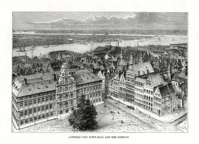 Framed Print : Town Hall and River Schelde, Antwerp, Belgium, 1879. Artist: Taylor Framed Print : Town Hall and River Schelde, Antwerp, Belgium, 1879. Artist: Taylor