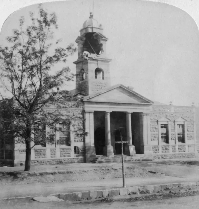 Framed Print : The Town Hall, struck by a Boer shell during the siege, Ladysmith, South Africa, 1901. Artist: Underwood & Underwood Framed Print : The Town Hall, struck by a Boer shell during the siege, Ladysmith, South Africa, 1901. Artist: Underwood & Underwood