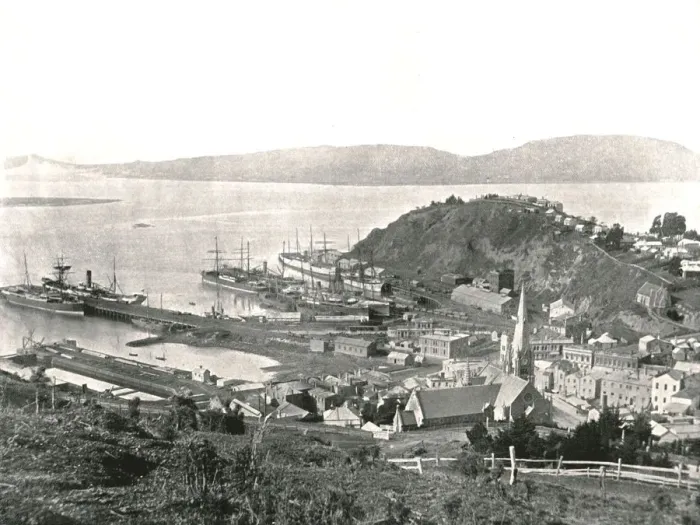 Framed Print : The town and the harbour, Port Chalmers, New Zealand, 1895. Creator: Unknown Framed Print : The town and the harbour, Port Chalmers, New Zealand, 1895. Creator: Unknown