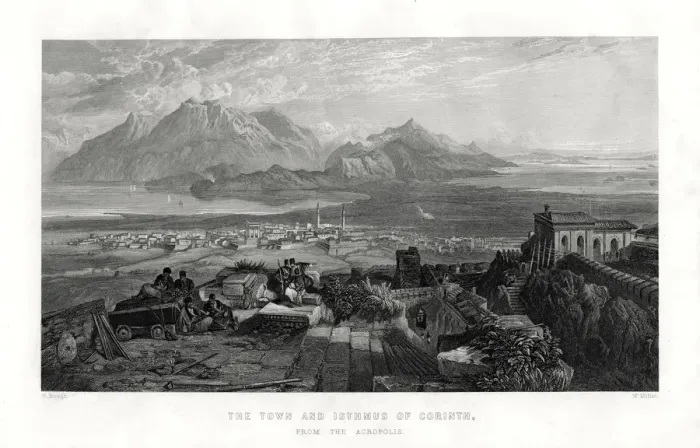 Framed Print : The town and isthmus of Corinth from the Acropolis, Greece, 1887. Artist: W Miller Framed Print : The town and isthmus of Corinth from the Acropolis, Greece, 1887. Artist: W Miller