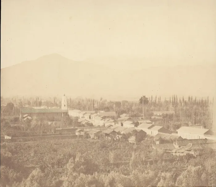 Framed Print : Town on Plain with Mountain in Background, 1860s. Creator: Unknown Framed Print : Town on Plain with Mountain in Background, 1860s. Creator: Unknown