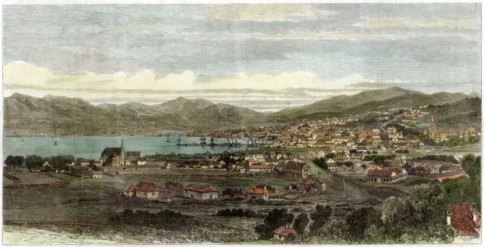 Framed Print : The town and port of Wellington, capital of New Zealand, c1880 Framed Print : The town and port of Wellington, capital of New Zealand, c1880