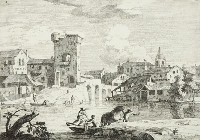 Framed Print : A town by the river, 1723-1730. Creator: Marco Ricci Framed Print : A town by the river, 1723-1730. Creator: Marco Ricci