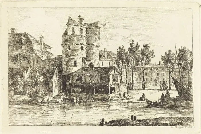 Framed Print : Town on a River Bank with Two Round Towers, c. 1770. Creator: Nicolas Perignon Framed Print : Town on a River Bank with Two Round Towers, c. 1770. Creator: Nicolas Perignon