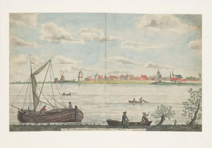 Framed Print : The town of Schoonhoven on the River Rhine in Holland, 1787. Creator: Jan Brandes Framed Print : The town of Schoonhoven on the River Rhine in Holland, 1787. Creator: Jan Brandes