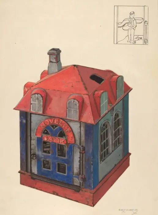 Framed Print : Toy Bank, c. 1937. Creator: Chris Makrenos Framed Print : Toy Bank, c. 1937. Creator: Chris Makrenos
