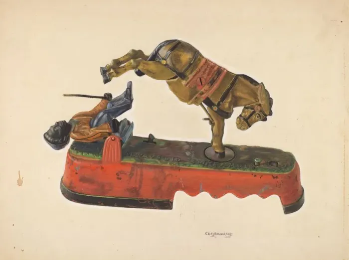 Framed Print : Toy Bank: Figure with Mule, c. 1937. Creator: Chris Makrenos Framed Print : Toy Bank: Figure with Mule, c. 1937. Creator: Chris Makrenos
