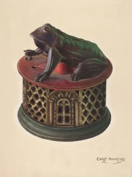 Framed Print : Toy Bank: Frog, c. 1938. Creator: Chris Makrenos Framed Print : Toy Bank: Frog, c. 1938. Creator: Chris Makrenos