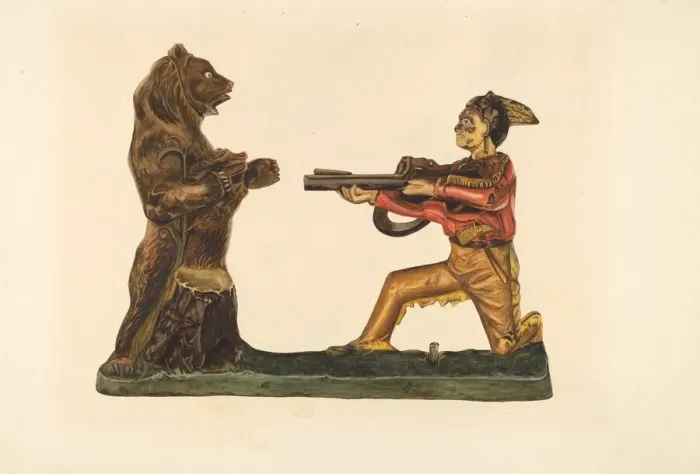 Framed Print : Toy Bank: Hunter Shooting Bear, c. 1938. Creator: Einar Heiberg Framed Print : Toy Bank: Hunter Shooting Bear, c. 1938. Creator: Einar Heiberg