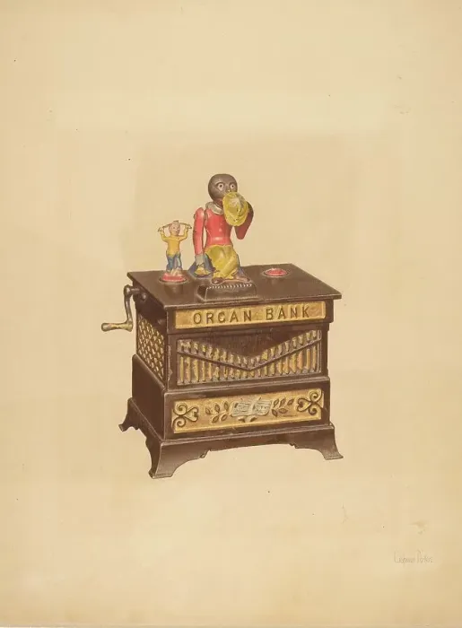 Framed Print : Toy Bank: Monkey and Hurdy-Gurdy, c. 1939. Creator: Parker Cushman Framed Print : Toy Bank: Monkey and Hurdy-Gurdy, c. 1939. Creator: Parker Cushman