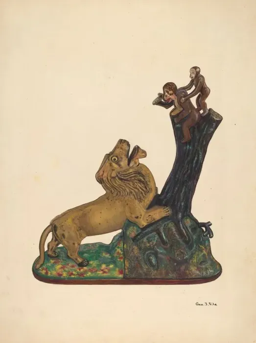 Framed Print : Toy Bank: Monkey and Lion, c. 1937. Creator: George File Framed Print : Toy Bank: Monkey and Lion, c. 1937. Creator: George File