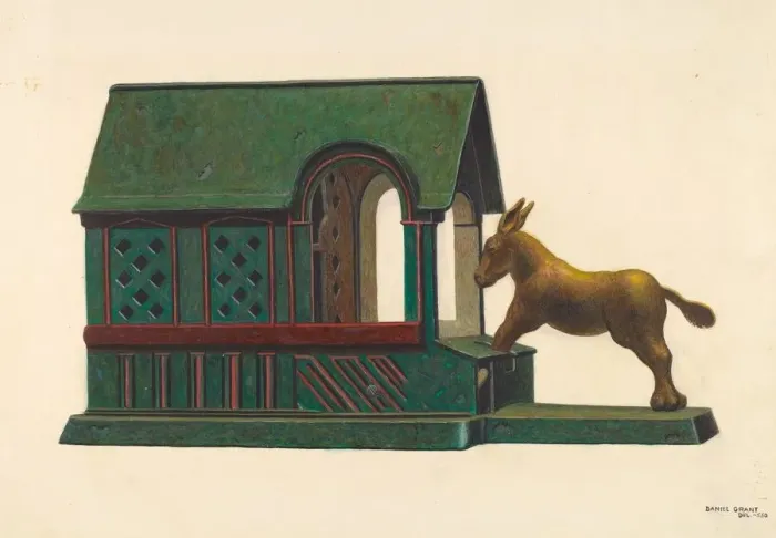 Framed Print : Toy Bank: Mule and Manger, c. 1942. Creator: DJ Grant Framed Print : Toy Bank: Mule and Manger, c. 1942. Creator: DJ Grant