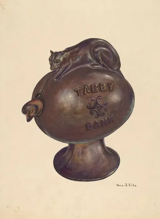 Framed Print : Toy Bank: Tabby Cat, c. 1937. Creator: George File